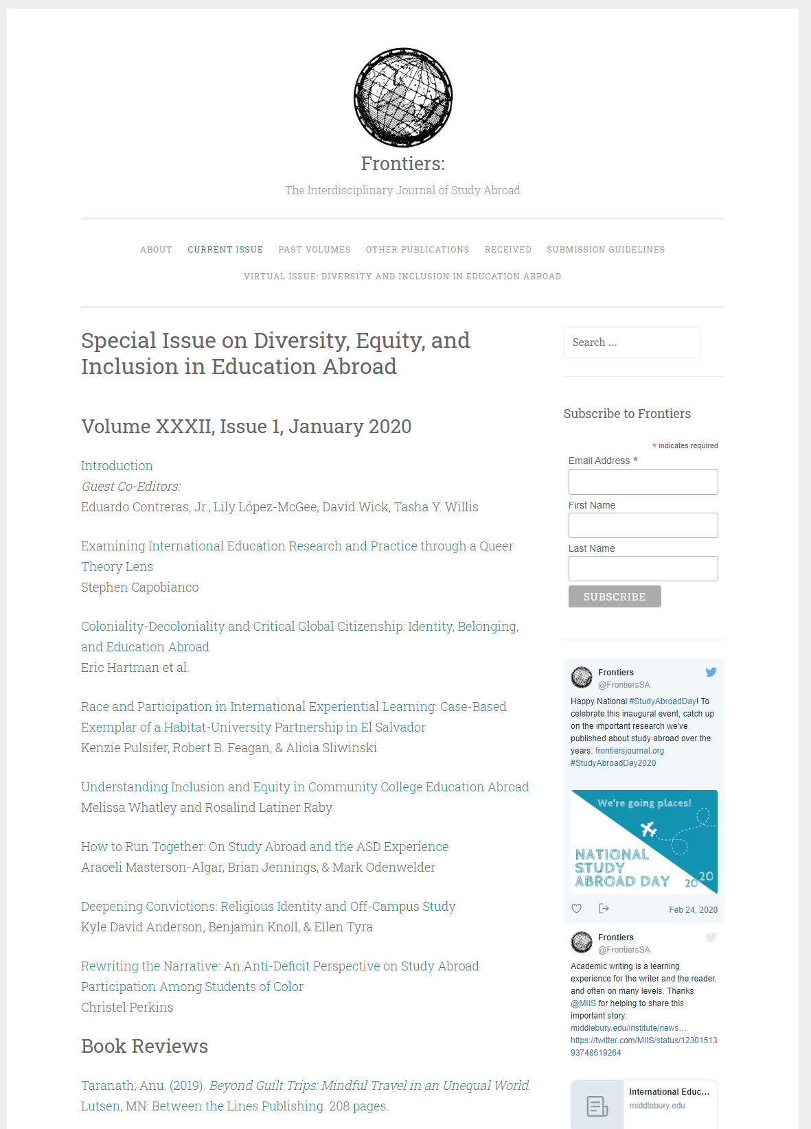 screenshot of original web publication of Special Issue on Diversity, Equity, and Inclusion in Education Abroad